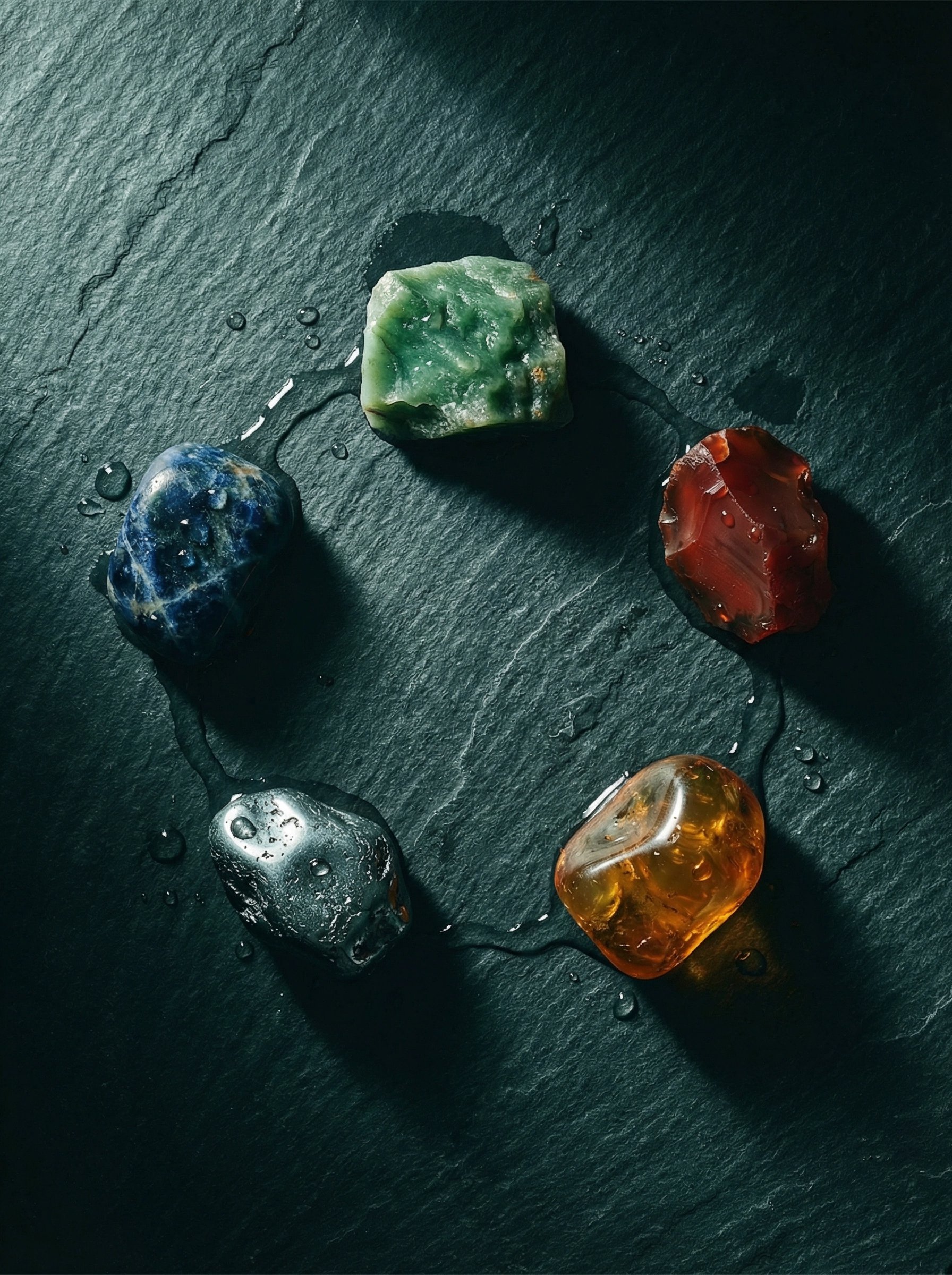 Five elemental stones representing Wood, Fire, Earth, Metal, and Water
